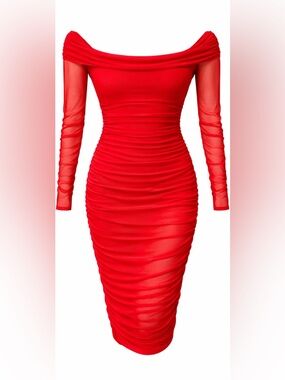 Fashion Nova Red Off-Shoulder Ruched Long Sleeve Bodycon Dress
